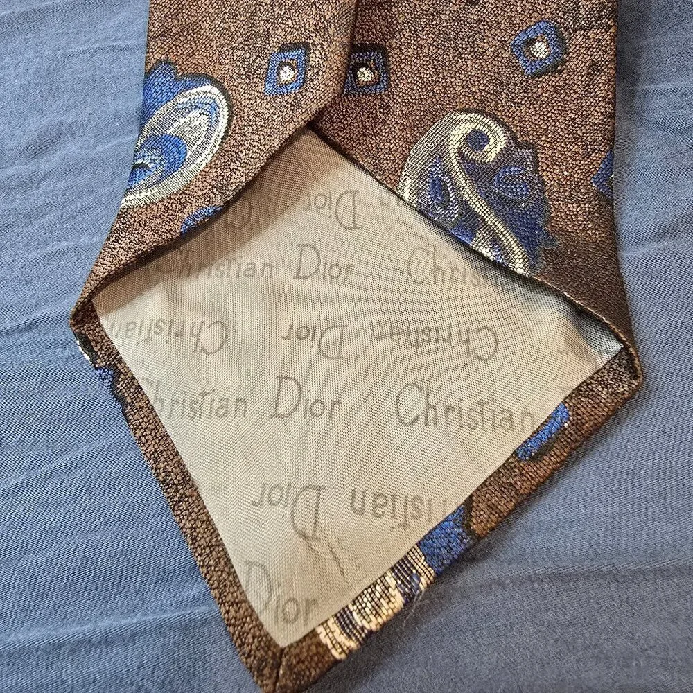 Vintage Christian Dior Monsieur Tie - Brown, Navy, and Silver Paisley Peacock
